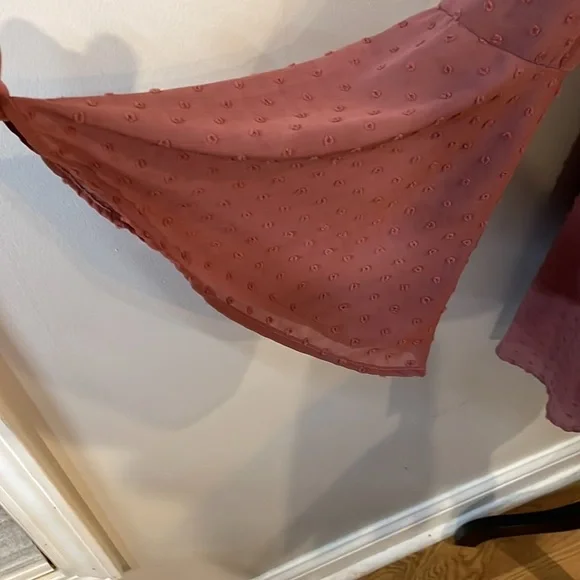 Altar’d State “Gigi” Dress. Chiffon Dots Sheath Dress W/Bell sleeves. Berry - Picture 4 of 12